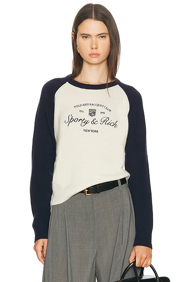 Syracuse Cashmere Baseball Sweater Ecru & Dark Navy