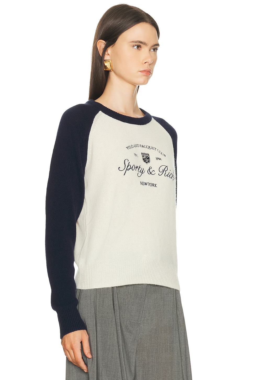 Syracuse Cashmere Baseball Sweater Ecru & Dark Navy