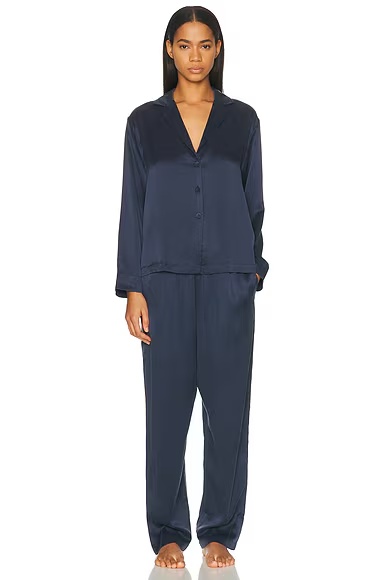 Washable Silk Long Sleeve Pant Pajama Set Deep Blue