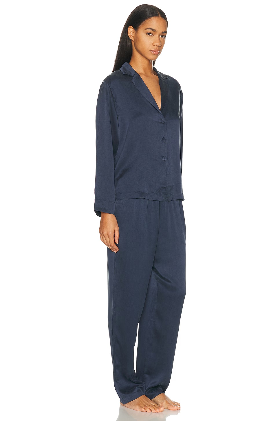 Washable Silk Long Sleeve Pant Pajama Set Deep Blue