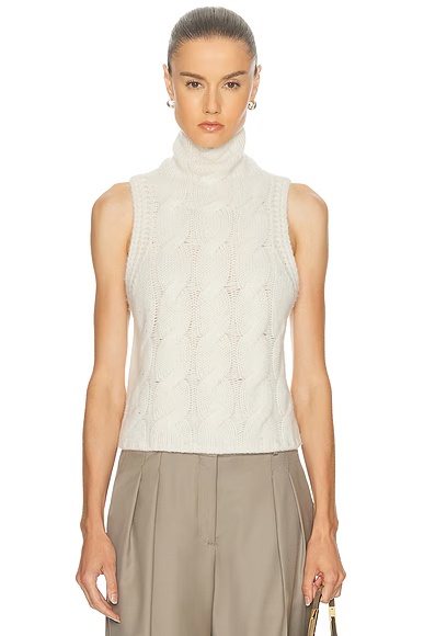 Salvia Sleeveless Cable Turtleneck Sweater Gardenia