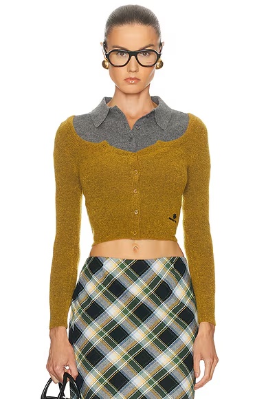 Wide Round Neck Fitted Cardigan Yellow & Green