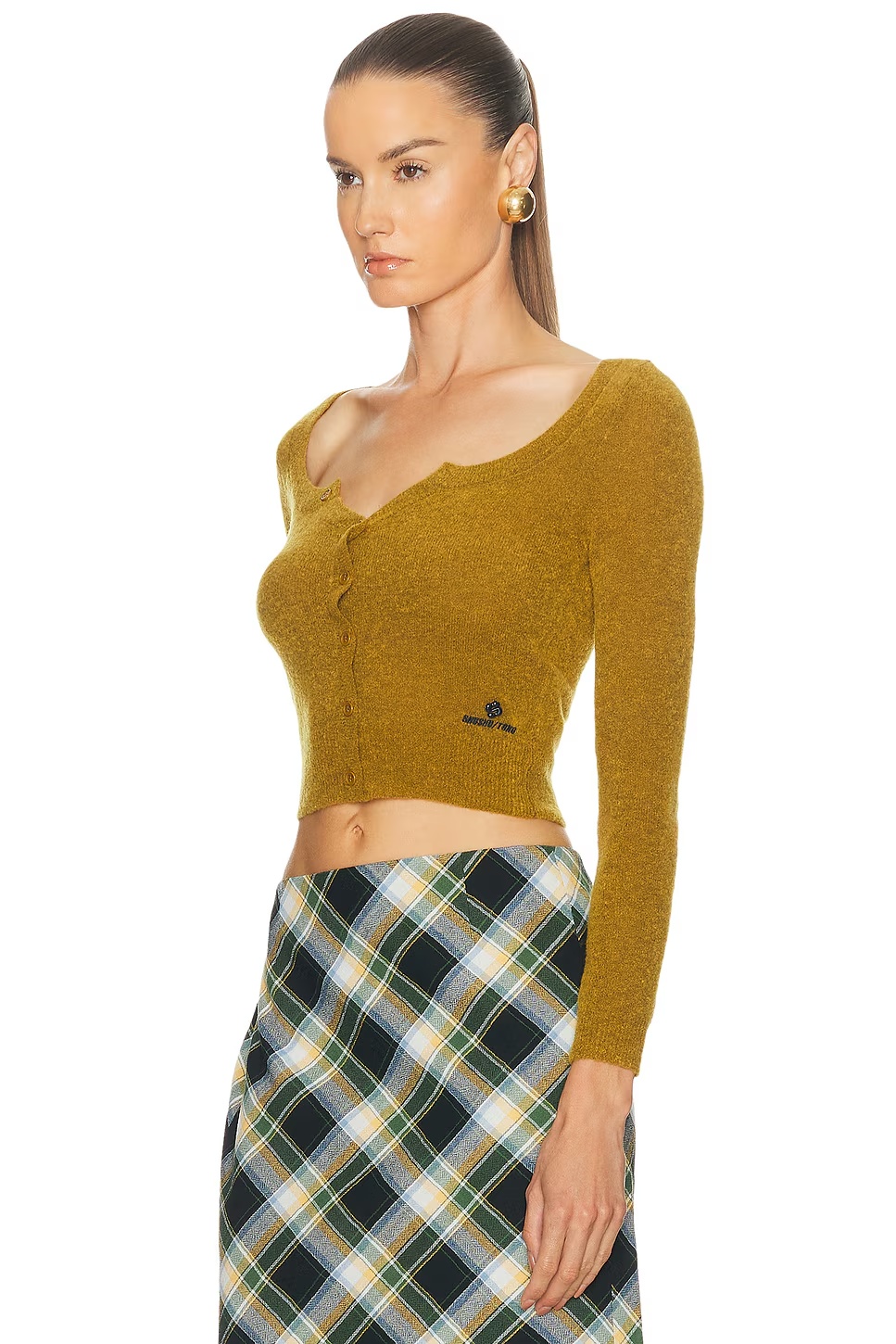 Wide Round Neck Fitted Cardigan Yellow & Green
