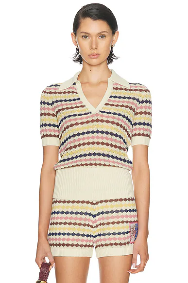 Awaken Scallop Knit Polo Top Multi Stripe