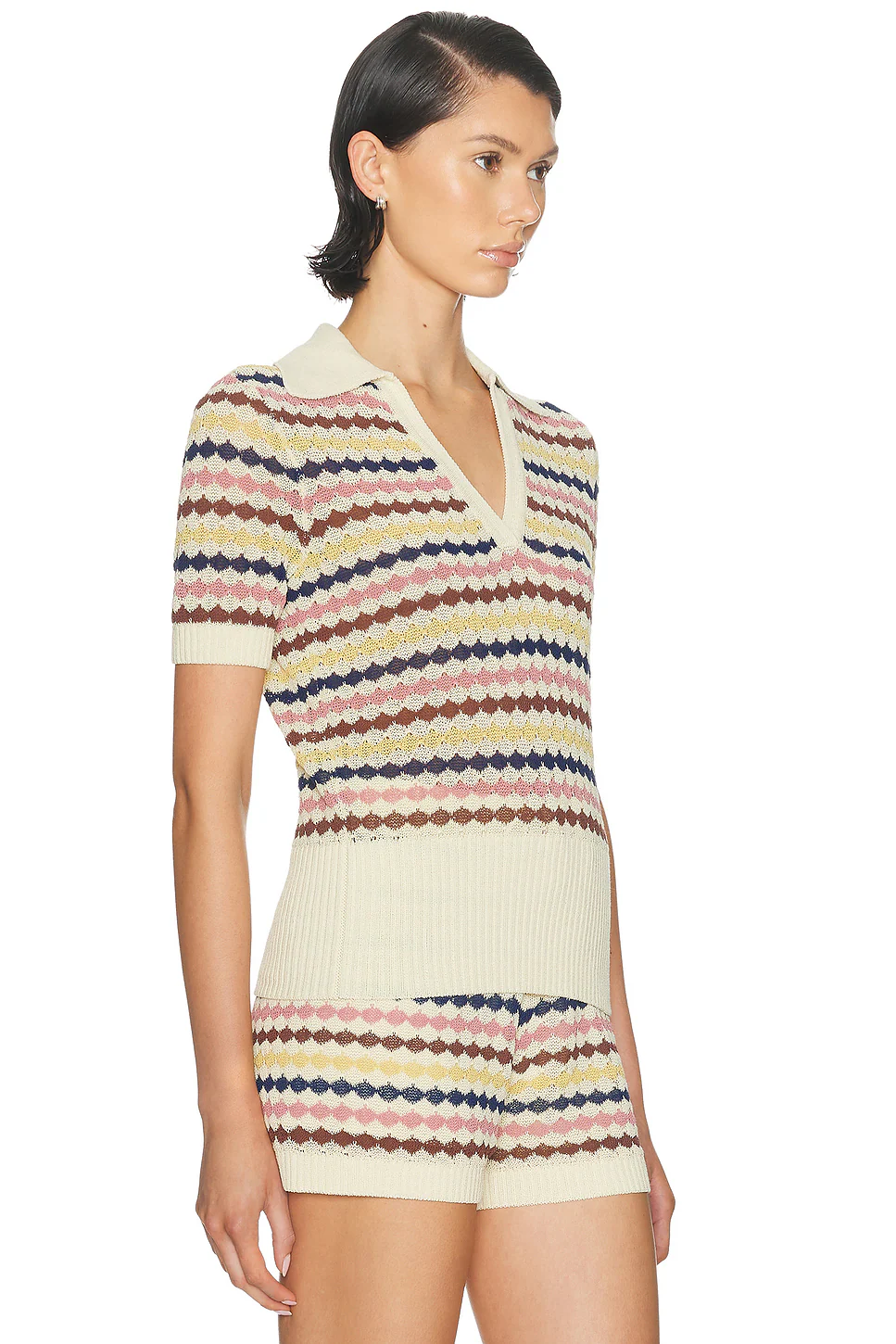 Awaken Scallop Knit Polo Top Multi Stripe