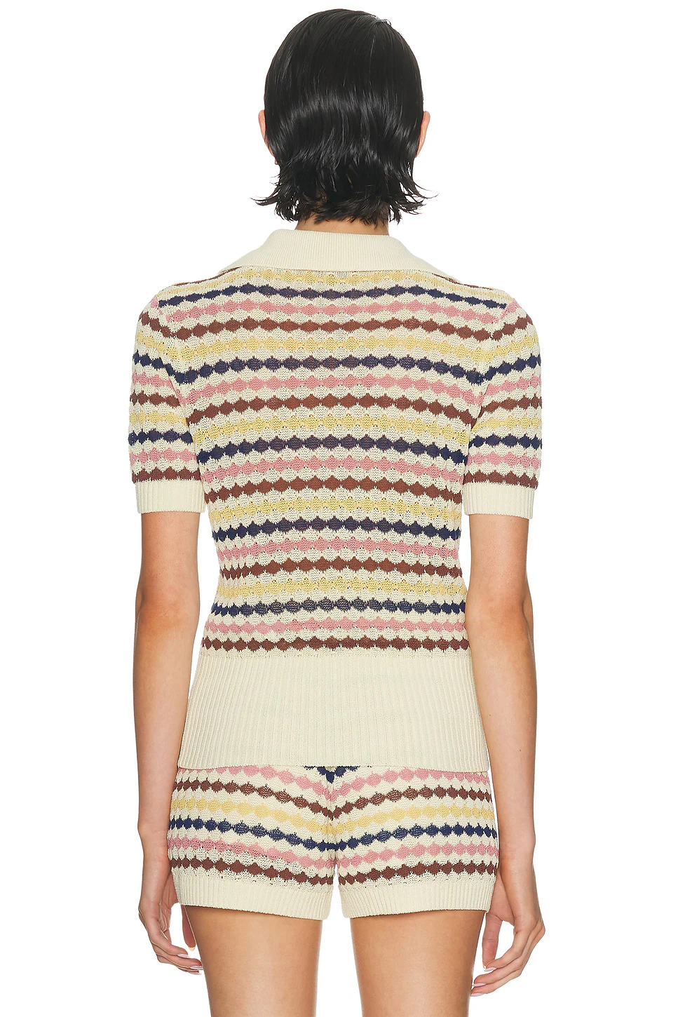 Awaken Scallop Knit Polo Top Multi Stripe
