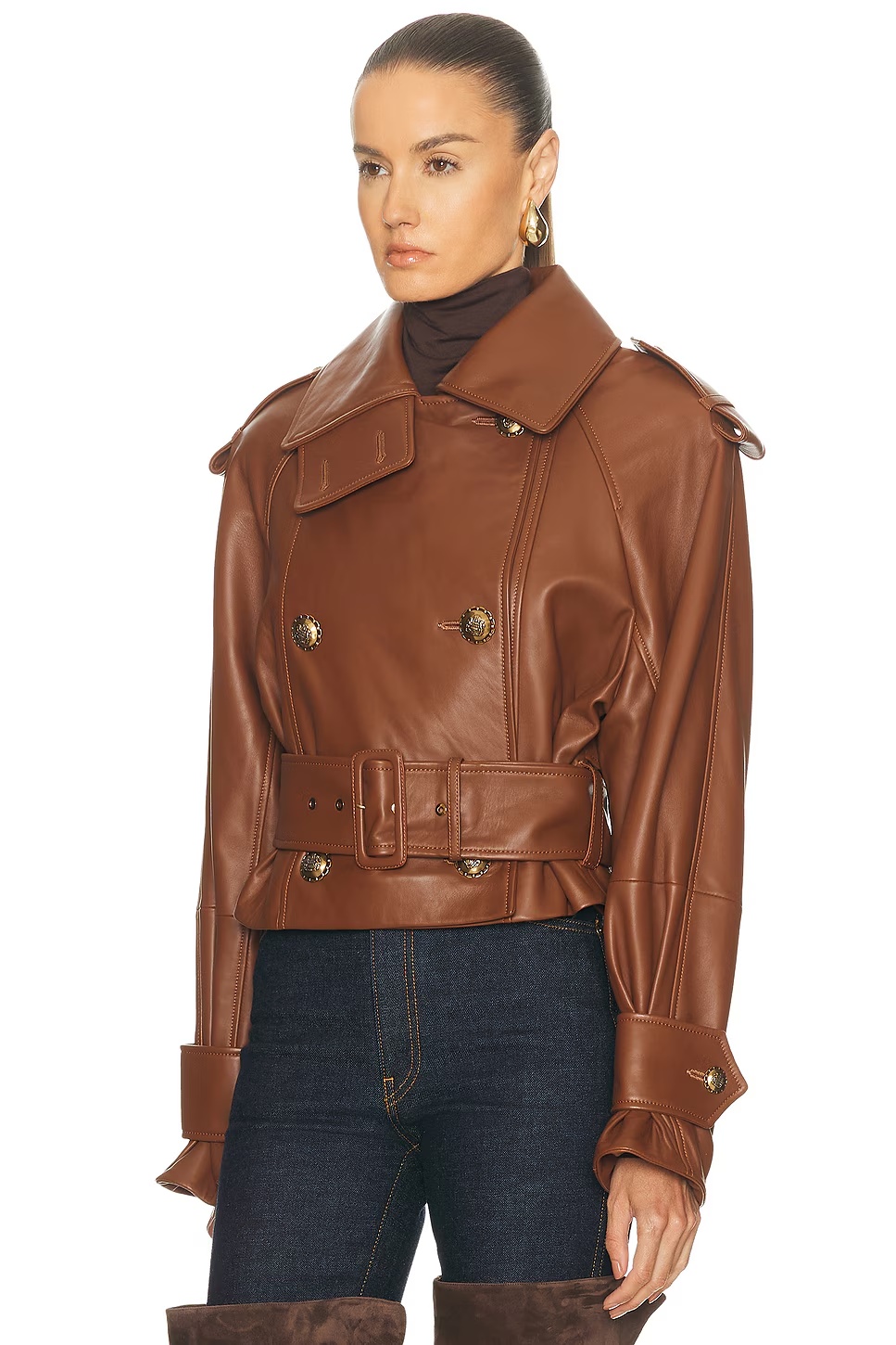 Hypnotic Leather Crop Trench Jacket Tan