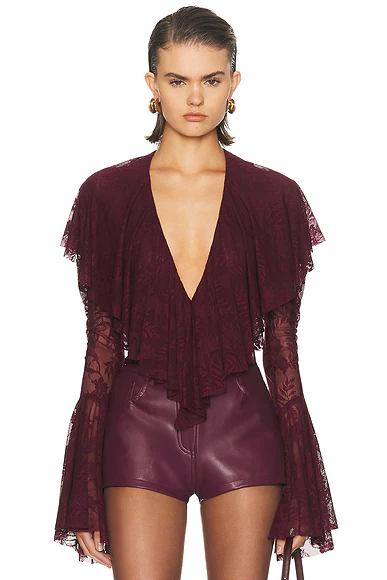 Long Sleeve Deep V Ruffle Bodysuit Plum