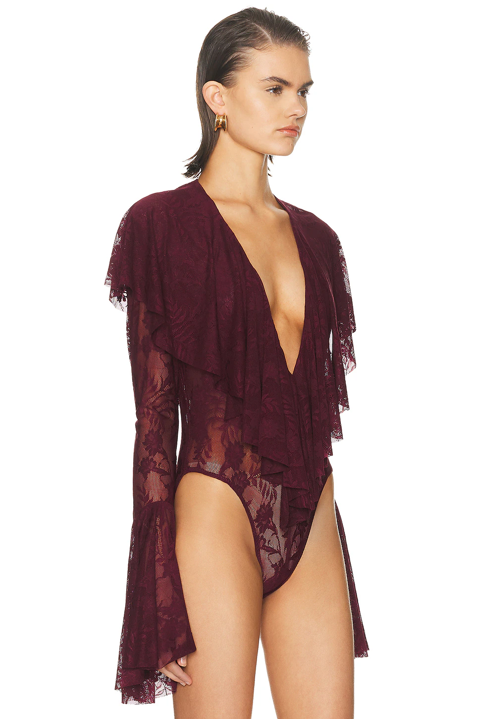 Long Sleeve Deep V Ruffle Bodysuit Plum