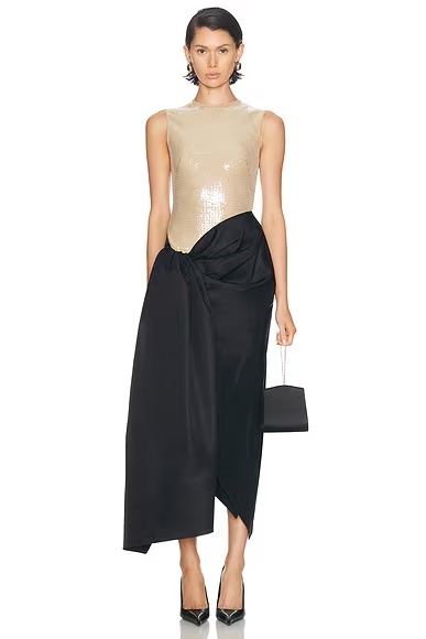 Sequin & Draped Midi Dress Beige & Black