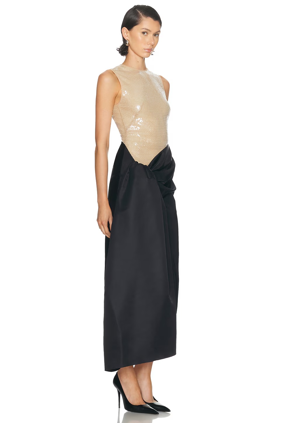 Sequin & Draped Midi Dress Beige & Black