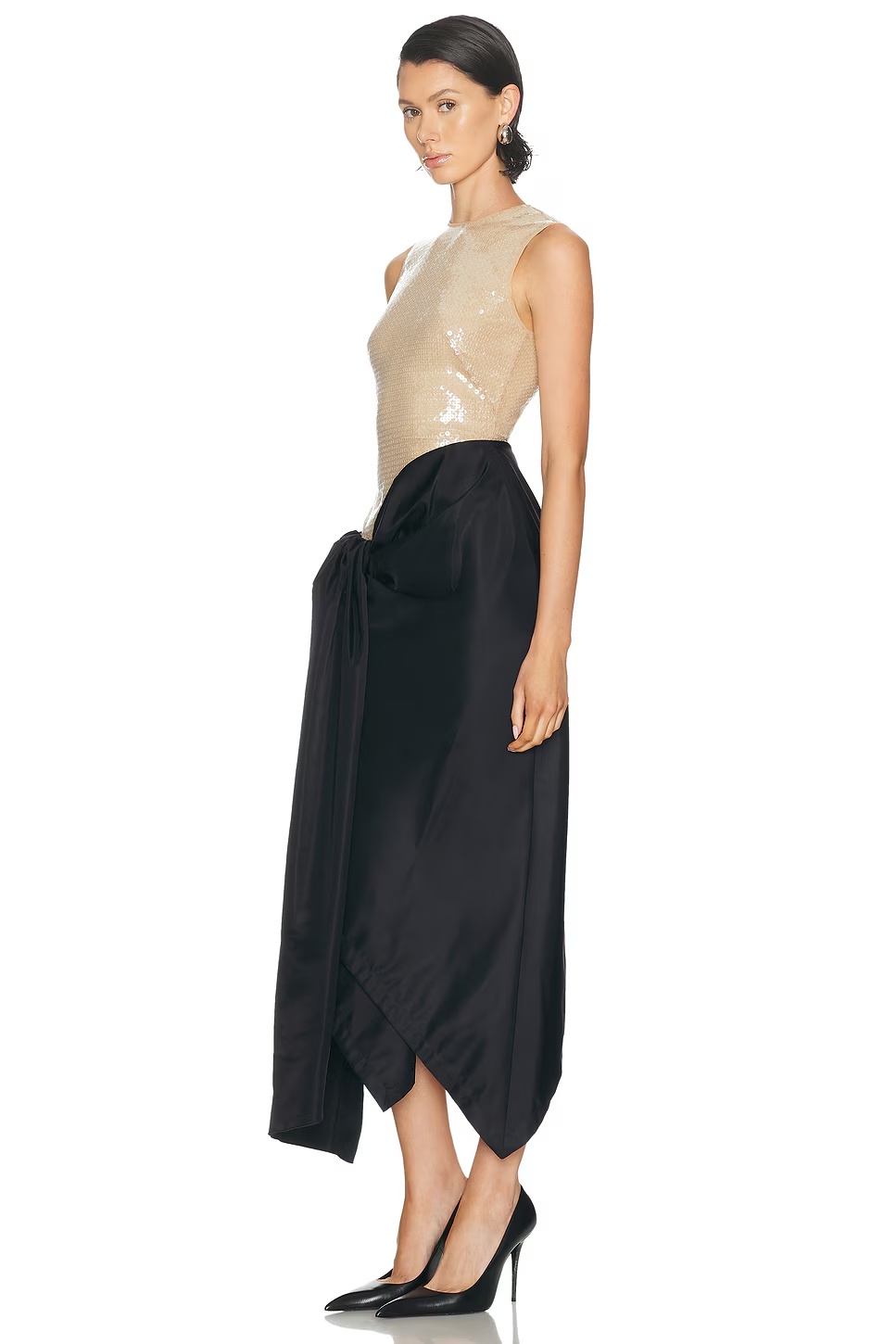 Sequin & Draped Midi Dress Beige & Black