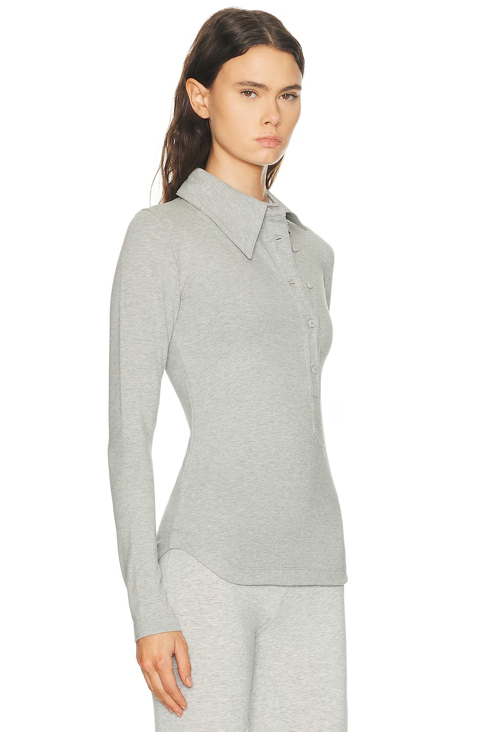 Long Sleeve Lapel Top Melange Grey
