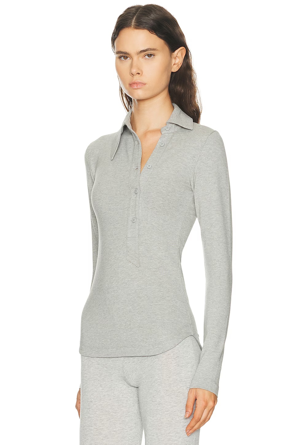 Long Sleeve Lapel Top Melange Grey