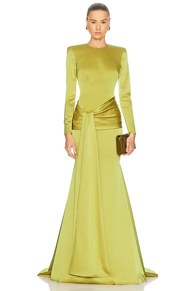Long Sleeve Drape Sash Gown Citron