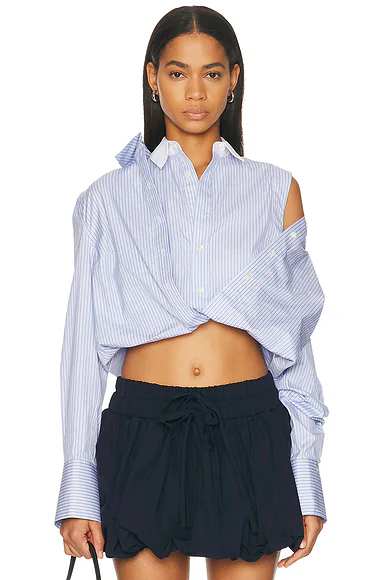 Fold-Up Cropped Shirt Sky Blue & White