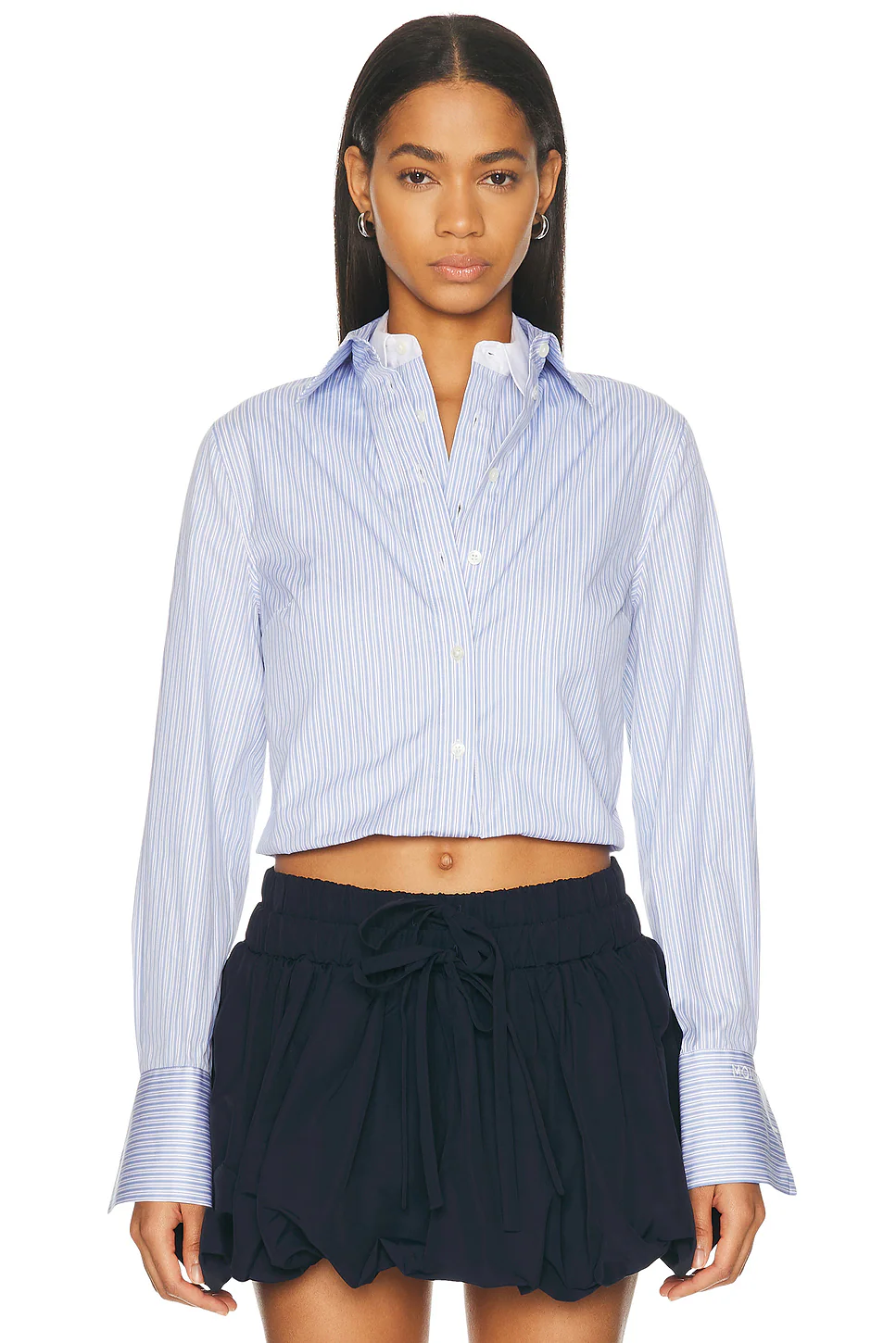 Fold-Up Cropped Shirt Sky Blue & White