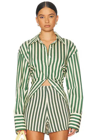 Loch Poplin Button Up Top Gummy Green & Ecru