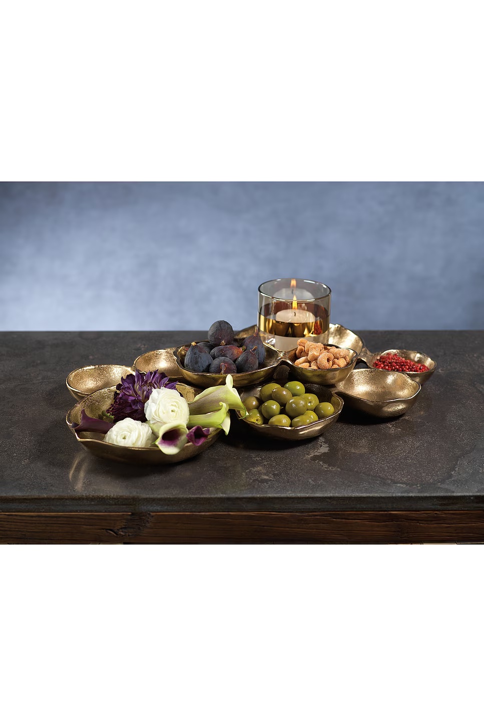 Cluster Of Nine Round Serving Bowls Dark Gold