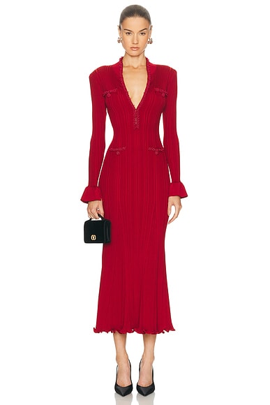 Pearl Trim Midi Dress Red