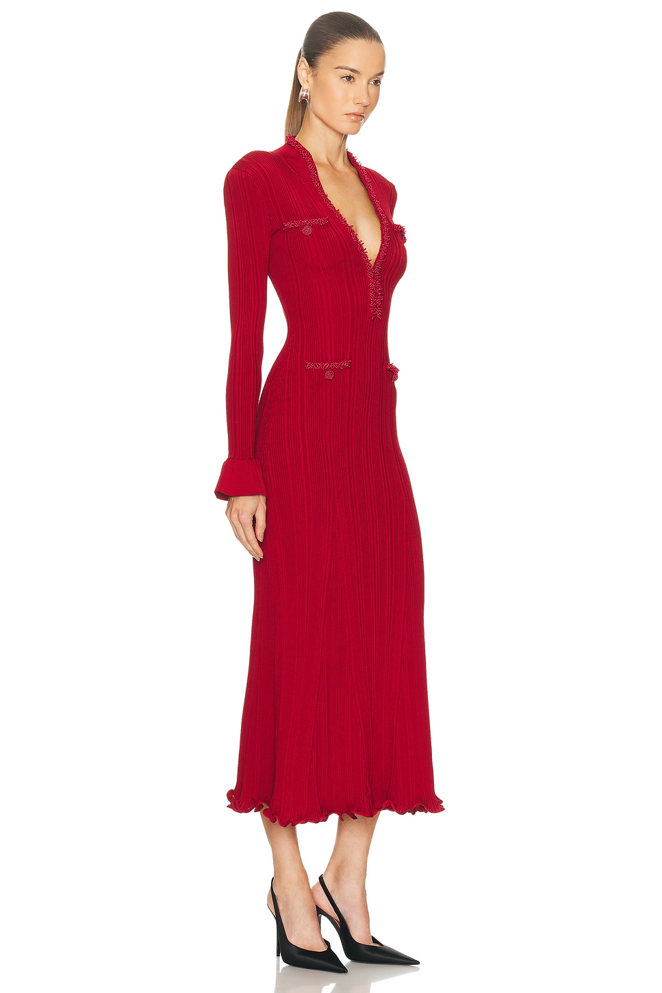 Pearl Trim Midi Dress Red