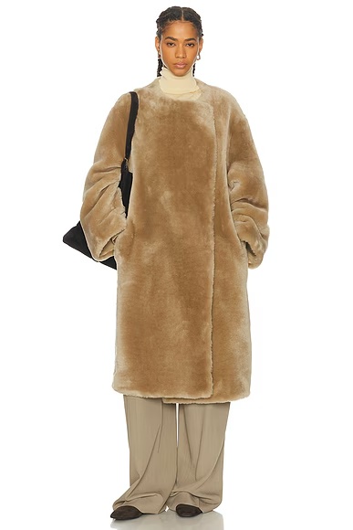 Collarless Shearling Coat Rye