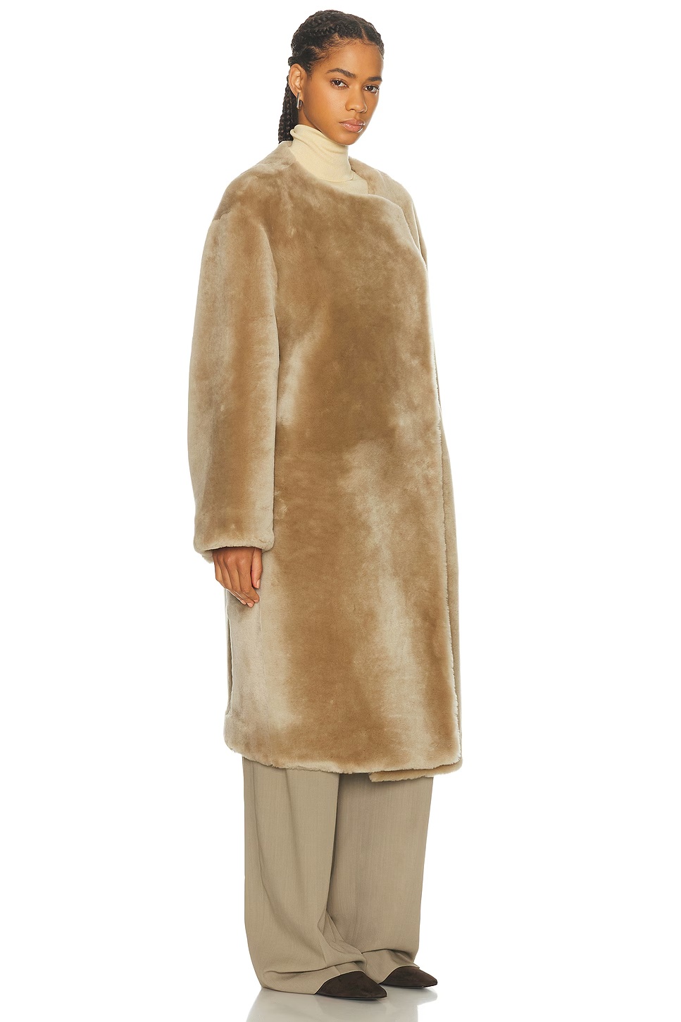 Collarless Shearling Coat Rye