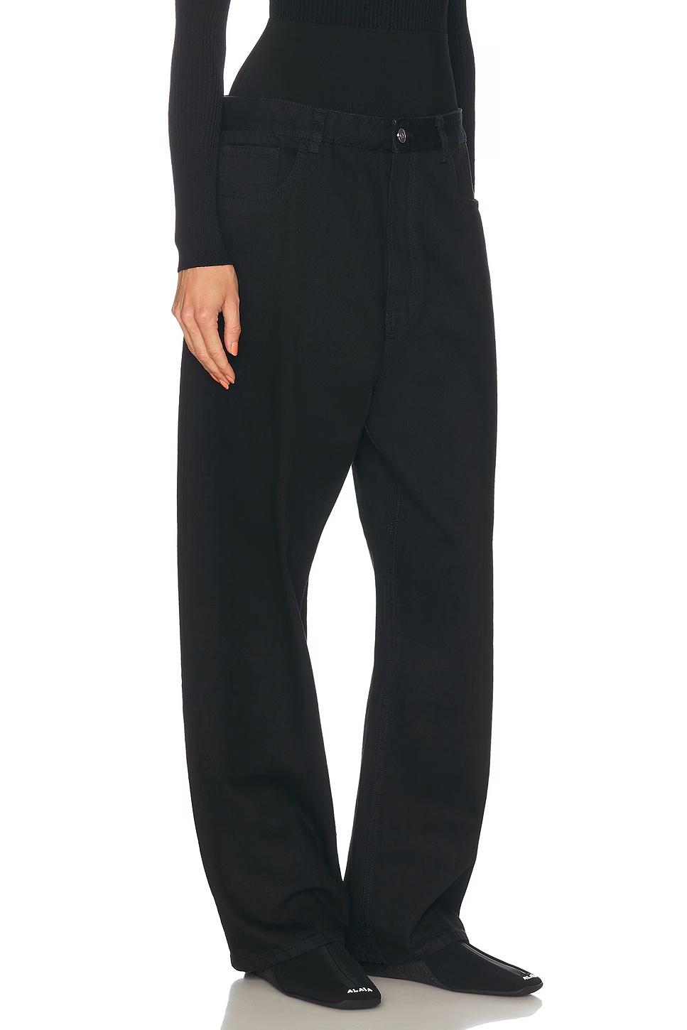 Knit Band Waist Straight Leg Jeans Noir