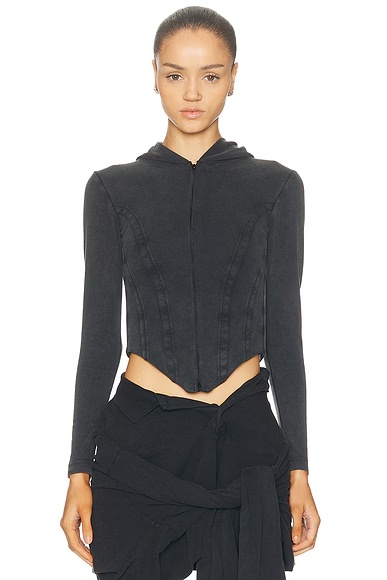 Corseted Zip Up Hoodie Washed Black